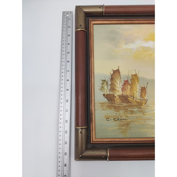 VTG Framed Chinese Junk Ships 20x16 C. Chan Oil Painting- Creative Galleries - Picture 14 of 16